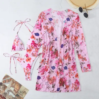 Women Floral Printed Mesh Bikini Swimsuit Three-Piece Set