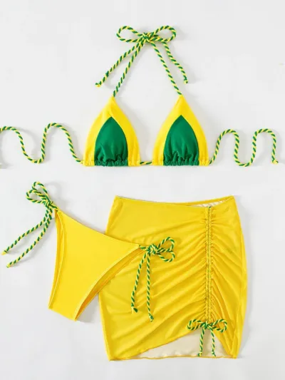 Women Sexy Halter Neck Lace-Up Bikini Swimsuit Three-Piece Set