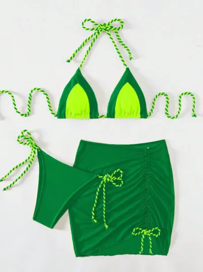 Women Sexy Halter Neck Lace-Up Bikini Swimsuit Three-Piece Set
