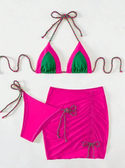 Women Sexy Halter Neck Lace-Up Bikini Swimsuit Three-Piece Set