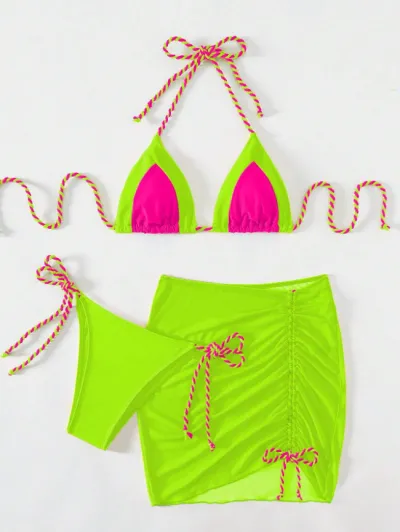 Women Sexy Halter Neck Lace-Up Bikini Swimsuit Three-Piece Set