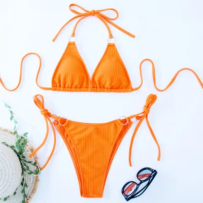 Women Sexy Halter Neck Lace-Up Bikini Swimsuit Set Solid Color Polyester