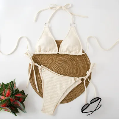 Women Sexy Halter Neck Lace-Up Bikini Swimsuit Set Solid Color Polyester
