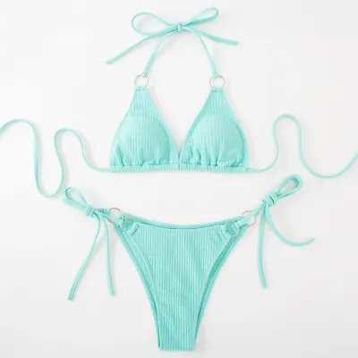 Women Sexy Halter Neck Lace-Up Bikini Swimsuit Set Solid Color Polyester