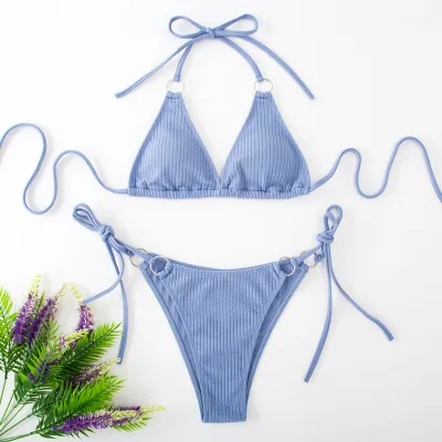 Women Sexy Halter Neck Lace-Up Bikini Swimsuit Set Solid Color Polyester