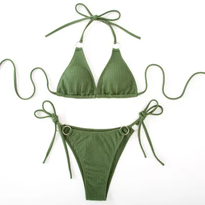 Women Sexy Halter Neck Lace-Up Bikini Swimsuit Set Solid Color Polyester