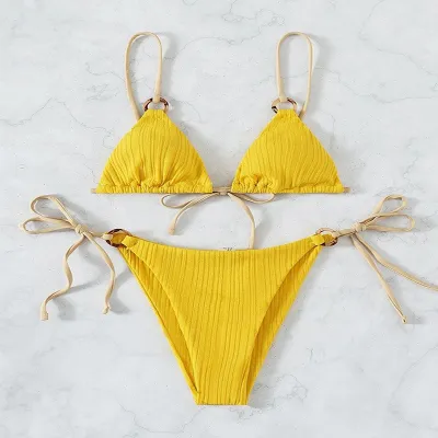 Women Sexy Lace-Up Bikini Swimsuit Set Solid Color Polyester