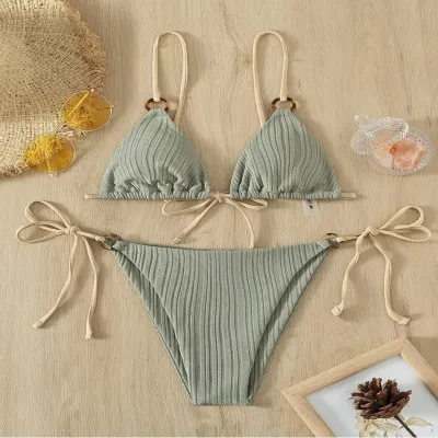 Women Sexy Lace-Up Bikini Swimsuit Set Solid Color Polyester