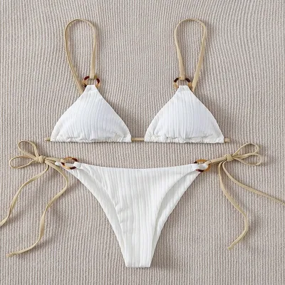 Women Sexy Lace-Up Bikini Swimsuit Set Solid Color Polyester