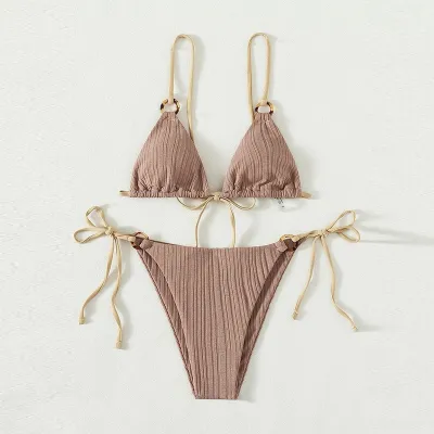 Women Sexy Lace-Up Bikini Swimsuit Set Solid Color Polyester