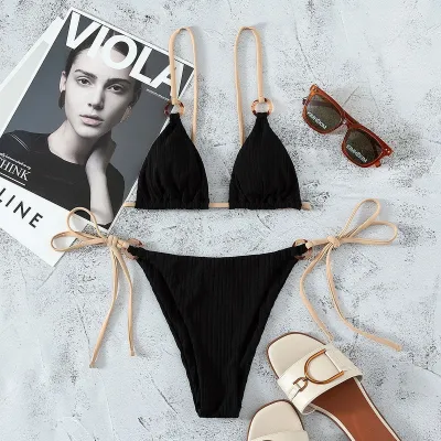 Women Sexy Lace-Up Bikini Swimsuit Set Solid Color Polyester