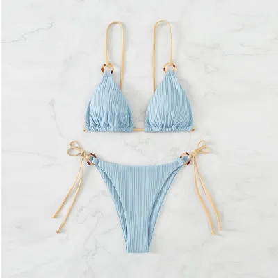 Women Sexy Lace-Up Bikini Swimsuit Set Solid Color Polyester