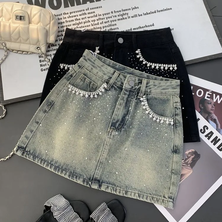 Summen Women High Waist Beaded Pocket Denim Skirt