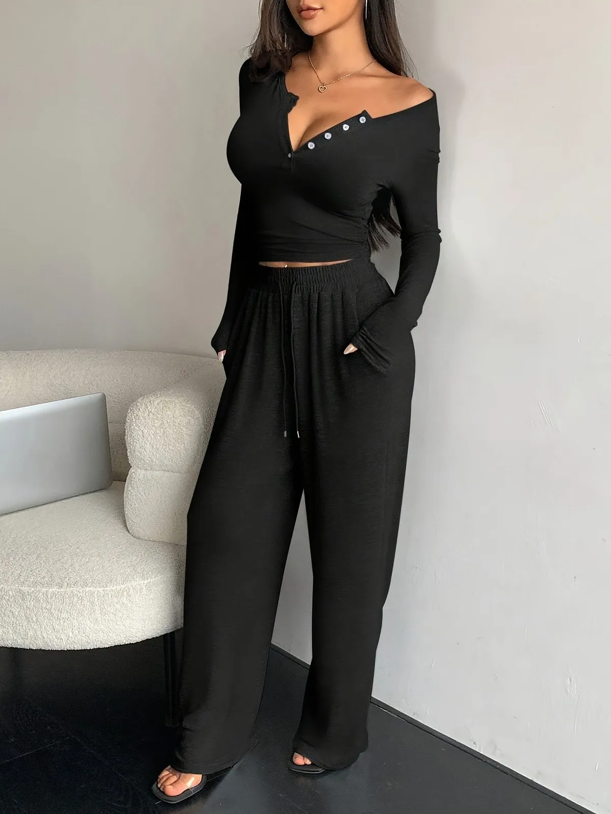 Wholesale Women Casual Solid Color Tight Long Sleeve Top Loose Pants ...