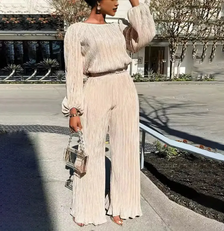 Women Casual Pleated Long Sleeve Loose Top Straight Pant Two-Piece Set