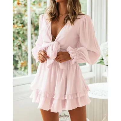Women Casual Solid Color V-Neck Puff Long Sleeve Lace-Up Ruffled Dress