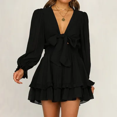 Women Casual Solid Color V-Neck Puff Long Sleeve Lace-Up Ruffled Dress