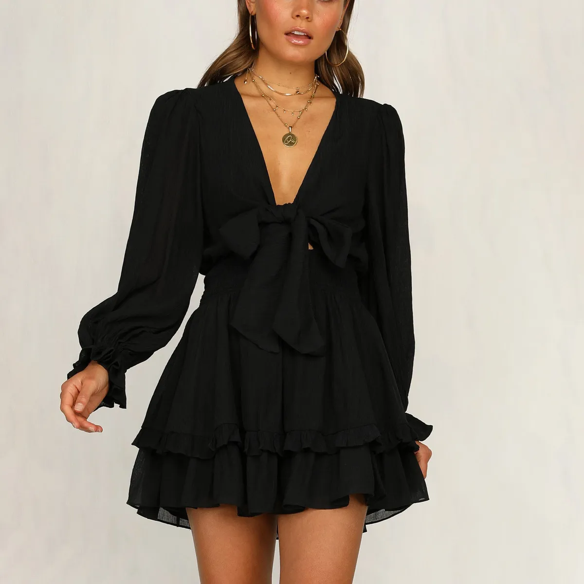 Women Casual Solid Color V-Neck Puff Long Sleeve Lace-Up Ruffled Dress