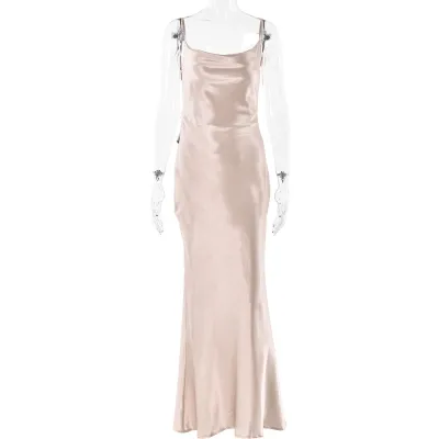 Women Elegant Solid Color Satin Backless Sling Party Formal Dress