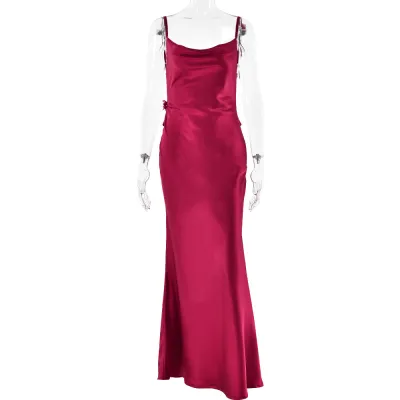 Women Elegant Solid Color Satin Backless Sling Party Formal Dress