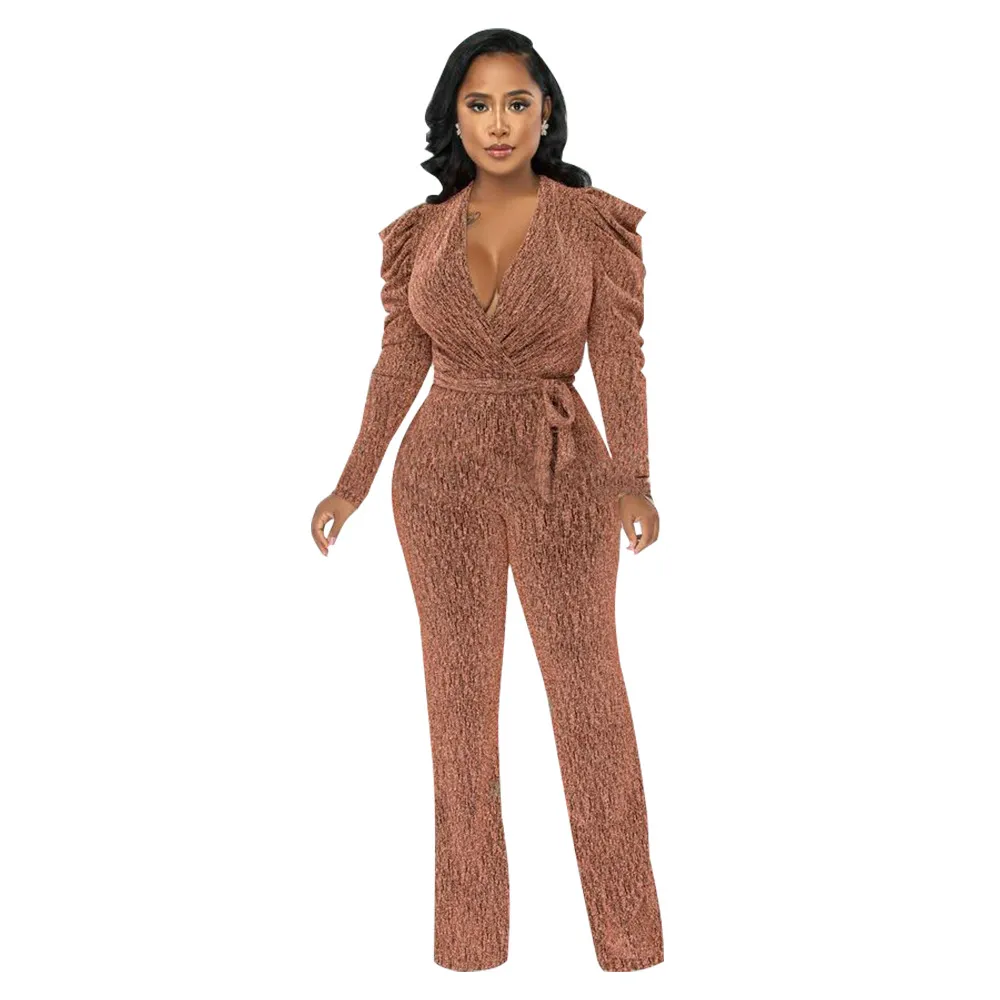 Women Fashion Sexy Tight Waist V-Neck Bubble Sleeve Knitted Jumpsuit