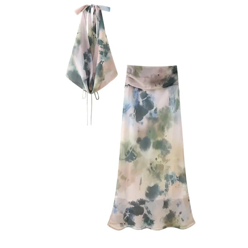 Women Fashion Elegant Tie-Dye Chiffon Halter-Neck Lace-Up Top High Waist Skirt Two-Piece Set