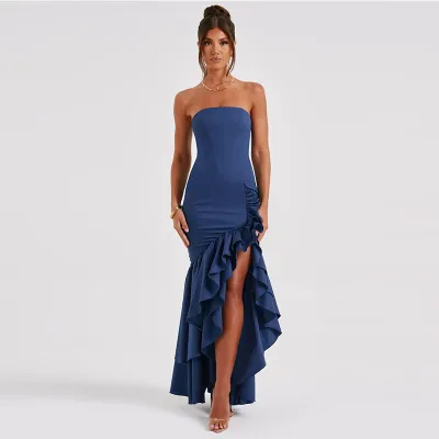 Women Elegant Sexy Solid Color Strapless Side Slit Ruffle Party Formal Dress