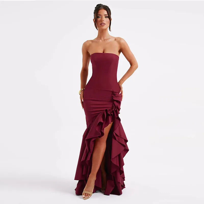 Women Elegant Sexy Solid Color Strapless Side Slit Ruffle Party Formal Dress