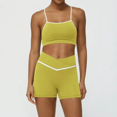 Women's Contrast Color Yoga Set - Sleeveless Top & High-Waist Leggings