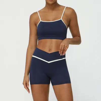 Women's Contrast Color Yoga Set - Sleeveless Top & High-Waist Leggings