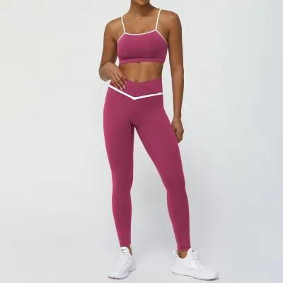 Women's Contrast Color Yoga Set - Sleeveless Top & High-Waist Leggings