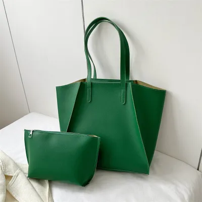Women Fashion Casual Solid Color Large Capacity Tote Bag Two-Piece Set