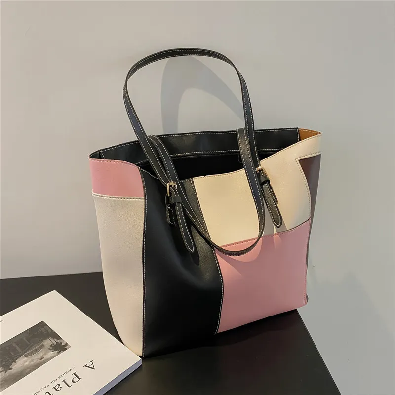 Women Fashion Casual Splicing PU Tote Shoulder Bag