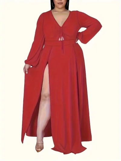 Women Fashion Sexy Long Sleeve Split Plus Size Dress
