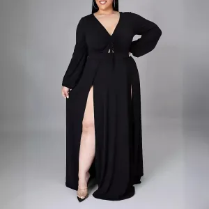 Women Fashion Sexy Long Sleeve Split Plus Size Dress