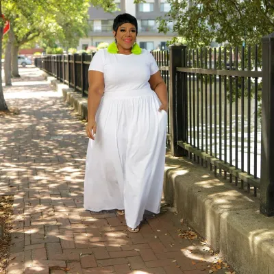 Women Casual Solid Color High Waist Short Sleeve Plus Size Dress