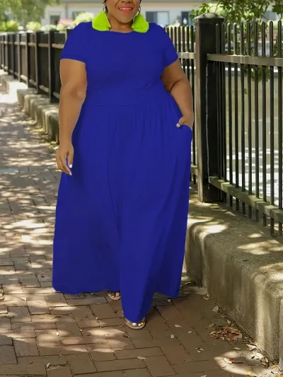 Women Casual Solid Color High Waist Short Sleeve Plus Size Dress