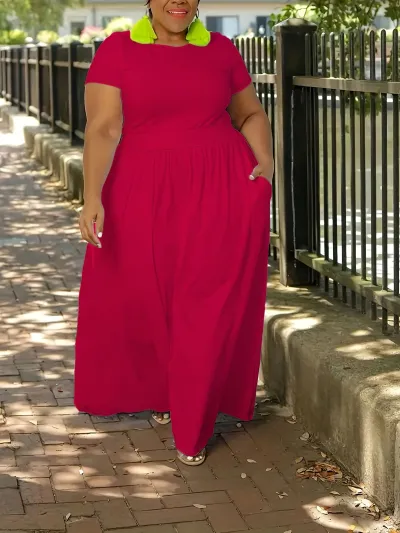 Women Casual Solid Color High Waist Short Sleeve Plus Size Dress