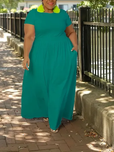 Women Casual Solid Color High Waist Short Sleeve Plus Size Dress