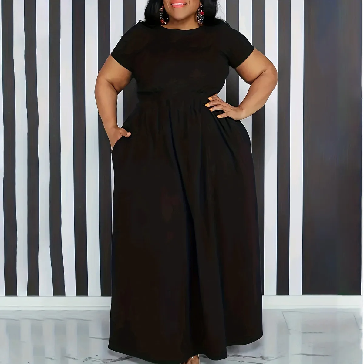 Women Casual Solid Color High Waist Short Sleeve Plus Size Dress