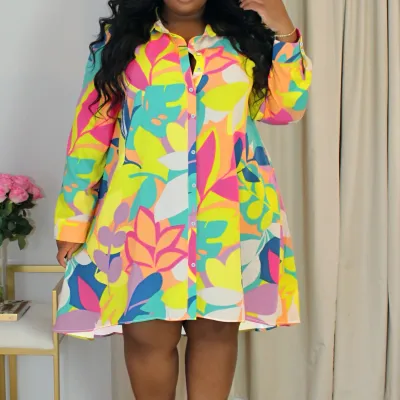 Women Vacation Loose Floral Printed Long-Sleeve Plus Size Dress