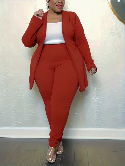 Women Casual Solid Color V-Neck Long-Sleeve Top Tight Pants Plus Size Two-Piece Blazer Sets