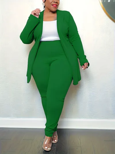Women Casual Solid Color V-Neck Long-Sleeve Top Tight Pants Plus Size Two-Piece Blazer Sets