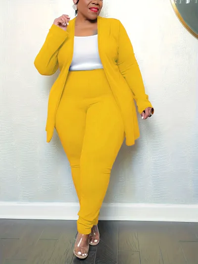Women Casual Solid Color V-Neck Long-Sleeve Top Tight Pants Plus Size Two-Piece Blazer Sets