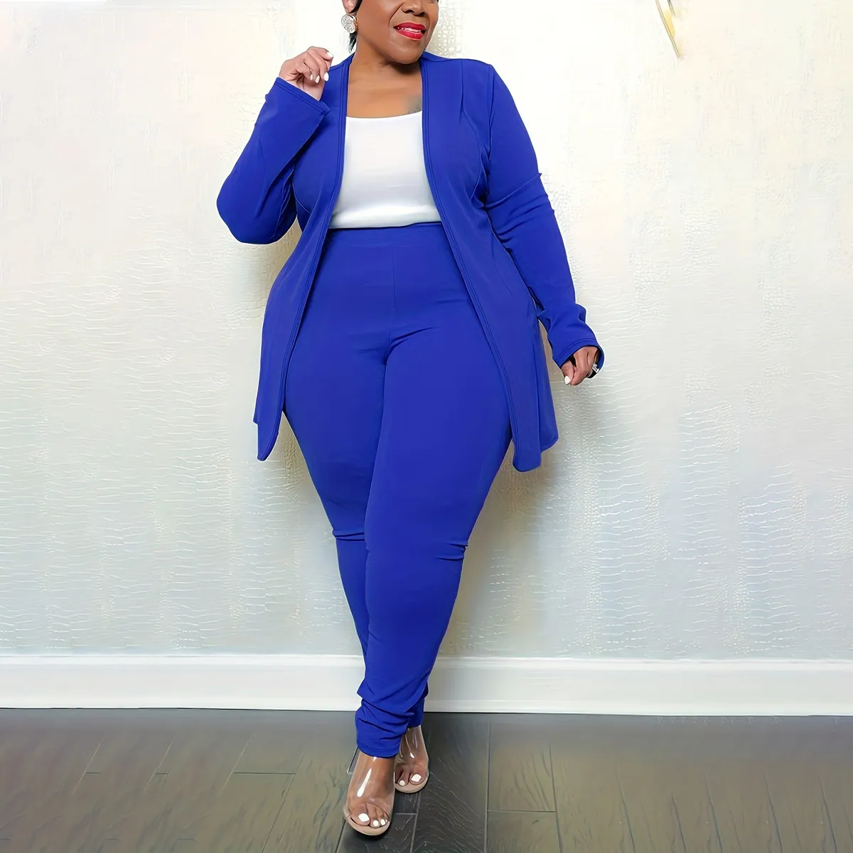 Women Casual Solid Color V-Neck Long-Sleeve Top Tight Pants Plus Size Two-Piece Blazer Sets