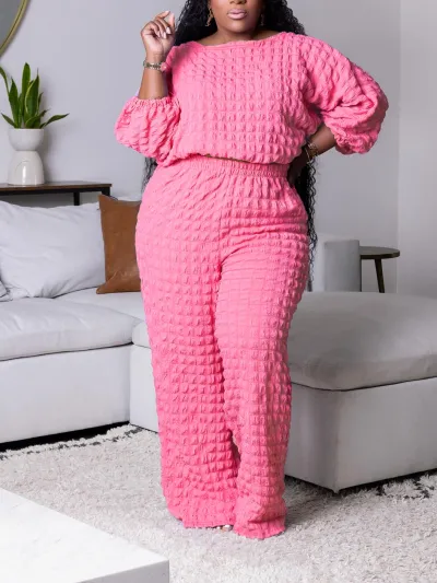 Women's Casual Long-Sleeve Round Neck Top and Loose Pants Plus Size Two-Piece Set