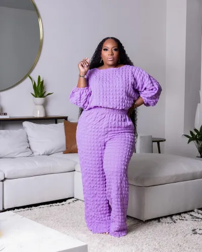 Women's Casual Long-Sleeve Round Neck Top and Loose Pants Plus Size Two-Piece Set