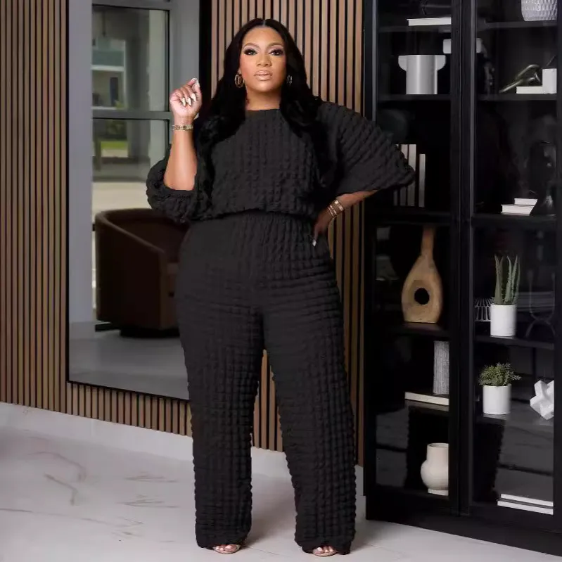 Women's Casual Long-Sleeve Round Neck Top and Loose Pants Plus Size Two-Piece Set
