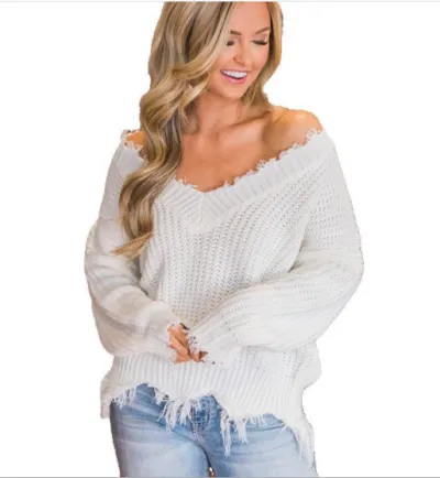 Women Fashion Irregular Loose Thickened Deep V Tassel Pullover Knitted Sweater