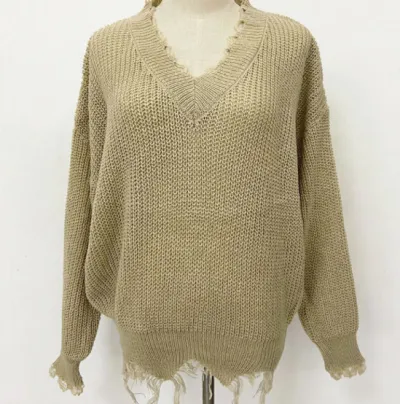 Women Fashion Irregular Loose Thickened Deep V Tassel Pullover Knitted Sweater